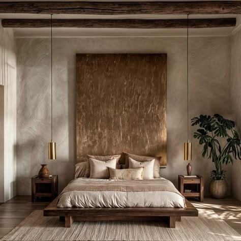 Wood Luxury Interior, Wabi Sabi Accent Wall, Wabi Sabi Interior Bedrooms, Wabi Sabi Room, Wabi Sabi Bedroom Design, Bedroom Wabi Sabi, Luxury Apartment Interior, Wabi Sabi Bedroom, Wabi Sabi House