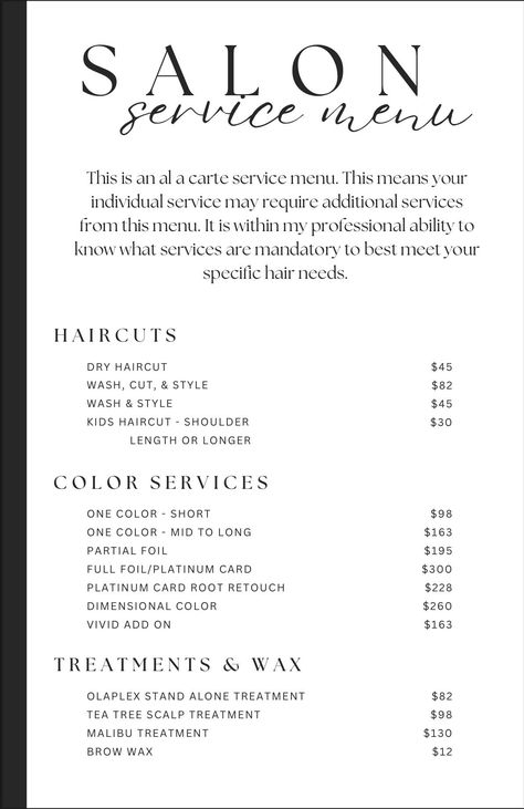 Hair Salon Menu Ideas, Salon Services Ideas, Salon Service Menu Ideas Price List, Salon Pricing Menu Ideas, Service Menu Salon, Hair Salon Menu Price List, Lash Service Menu Ideas, Hair Salon Service Menu Ideas, Hairstylist Service List