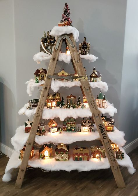 Wooden Ladder Christmas Village, Christmas Tree Shelving Unit, Ladder Village Display, Christmas Tree For Village Houses, Christmas Village Ladder Display, Christmas Tree Ladder Ideas, Family Christmas Tree Ideas, Diy Christmas Ladder, Christmas Village Ladder