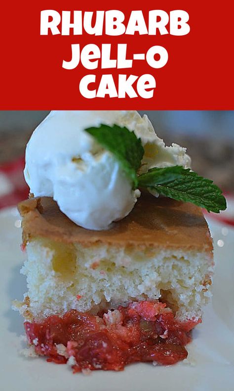 Rhubarb Jello Cake, Rhubarb Jello, Strawberry Rhubarb Cake, Rhubarb Dump Cakes, Rhubarb Cake Recipes, Rhubarb Dessert, Rhubarb Upside Down Cake, Cake Mix Cobbler, Rhubarb Cobbler