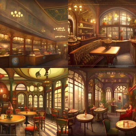 victorian cafe shop interior romantic fantasy with tables and counter and windows - AI Generated Artwork - NightCafe Creator Victorian Cafe Interiors, Fantasy Tea Shop, Cafe Shop Interior, Victorian Cafe, Cafe Themes, Fantasy Cafe, Miniature Design, Fantasy Shop, Splash Screen