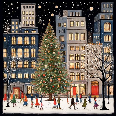 Christmas In The City Illustration, Christmas City Wallpaper, Christmas City Illustration, Diy Wood Frame, New York Noel, Christmas New York, Paper Journaling, Christmas Street, New York City Christmas