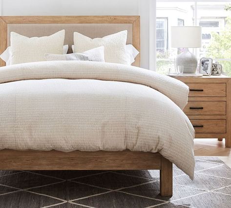 Beck Ruched Cotton Duvet Cover & Shams - Flax | Pottery Barn Wood And Upholstered Bed, Reclaimed Wood Beds, Decor Pottery, Design Your Bedroom, Bed Design Modern, Traditional Bed, Wood Bed Frame, Beds & Bed Frames, Wood Beds