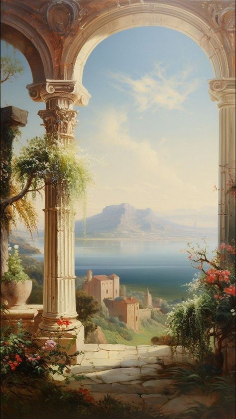 Roman Garden Aesthetic, Greek Paintings Aesthetic, Ancient Greece Background, Greece Landscape Painting, Ancient Greece Architecture, Greek Castle, Ancient Greece Aesthetic, Greece Landscape, Greece Architecture