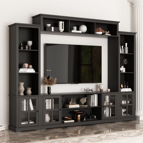 Tv Stand With Bookshelves, Black Entertainment Center, Wall Unit Tv, Black Tv Console, Modern Tv Console, Tv Stand Bookshelf, Tv Console Modern, Shelves For Living Room, Media Entertainment Center