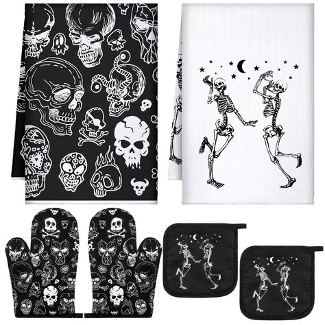 PRICES MAY VARY. Skeleton Kitchen Set: our oven mitts and kitchen towel sets are designed with skeleton patterns, you can get 2 pieces of dish towels, 2 pieces of pot holders, 1 pair of oven mitts in this package, combination to meet your kitchen needs Heat Resistant and Solid Material: our skull kitchen towels are made of microfiber, these oven mitts and pads are made of polyester and insulating cotton material, breathable and soft, heat resistant and absorbent, so you can use them with confide Skeleton Kitchen, Skull Kitchen, Horror Themed Party, Skeleton Theme, Halloween Kitchen Towels, Oven Mitts And Pot Holders, Halloween Graveyard, Decorative Kitchen Towels, Cooking Dishes