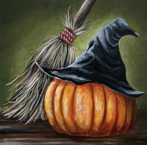 Paint A Pumpkin, Halloween Chalkboard Art, Halloween Canvas Paintings, Fall Canvas Art, Witches Broom, Fall Canvas Painting, Free Painting, Easy Acrylic Painting, Witchy Aesthetic