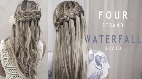 Stunning four strand waterfall braid - DIYs.com Waterfall Braid Prom, Waterfall Braid Tutorial, Dutch Braid Tutorial, Waterfall Braid Hairstyle, French Braid Ponytail, Different Braids, Diy Wedding Hair, French Braid Hairstyles, Long Hair Tutorial