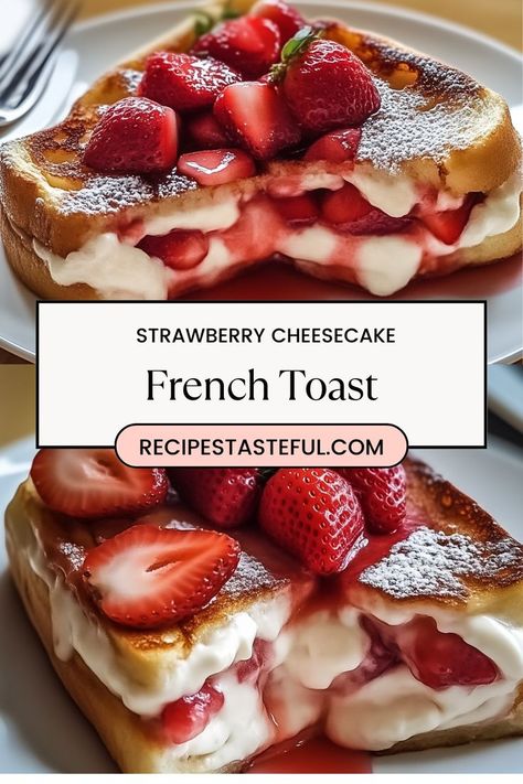 Indulge in this decadent Strawberry Cheesecake French Toast, featuring a creamy cheesecake filling topped with fresh strawberries. Perfect for a special breakfast or brunch, this dish combines the sweetness of strawberries with the richness of cream cheese, all enveloped in golden, crispy French toast. French Toast With Cream Cheese Topping, Banana Foster French Toast, Strawberry Cream Cheese French Toast, Strawberry Cheesecake French Toast, Strawberries And Cream Cheese, French Toast Toppings, Crispy French Toast, Cream Cheese French Toast, Cheesecake French Toast