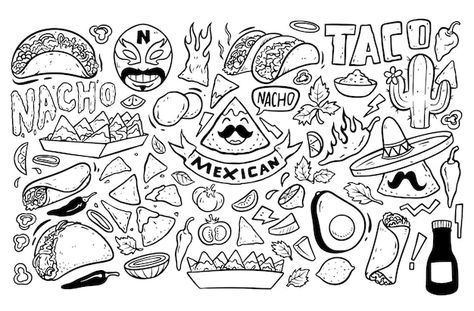 Burrito Doodle, Nachos Illustration Design, Taco Doodle, Taco Drawing Book, Mexican Food Cartoon, Doodle Png, Food Doodles, Poster Maker, Business Card Maker