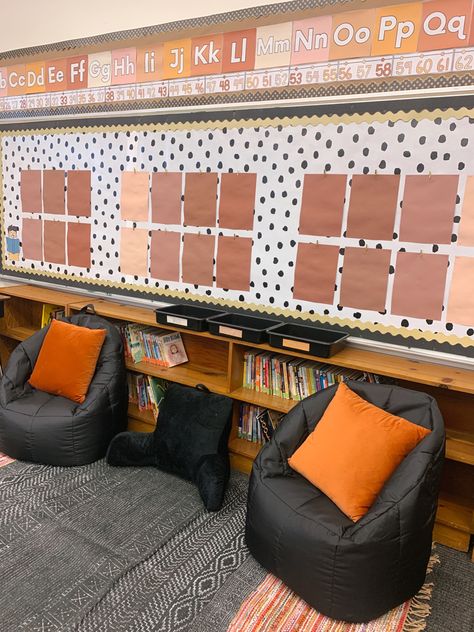 Comfy Classroom Decor, Orange Theme Classroom, Terracotta Classroom Decor, Orange Bulletin Board Ideas, Cozy Classroom Themes, Neutral Boho Classroom Decor, Chill Classroom Decor, Neutral Bulletin Board Classroom, Neutral Classroom Decor High School