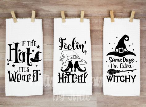 Dish Towels Diy, Hand Towels Diy, Halloween Kitchen Decor, Halloween Kitchen Towels, Halloween Dishes, Diy Towels, Waffle Weave Towels, Halloween Kitchen, Witch Decor