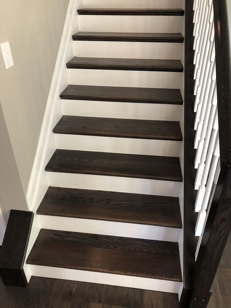 Oak Treads - Shadow Grey Stain Dark Stain Staircase, Dark Stained Stairs, Stairs Stained Darker Than Floor, Dark Gray Painted Stair Treads, Ebony Stained Stairs, Gray Stairs, Striped Carpets, Hall Carpet, Stairs Ideas