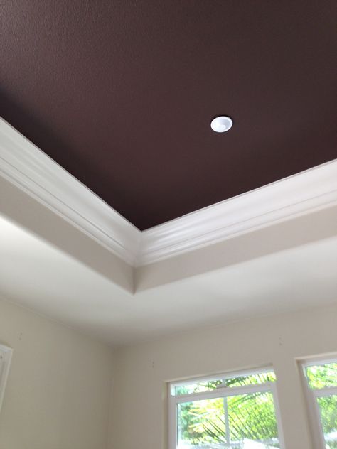 dark brown ceiling paint for tray ceiling Brown Ceiling Bathroom, Brown Ceiling Bedroom, Brown Ceiling Living Room, Brown Painted Ceiling, Paint Bathroom Ceiling, Dark Ceiling Bedroom, Dark Brown Ceiling, Recessed Ceiling Ideas, Tray Ceiling Paint Ideas