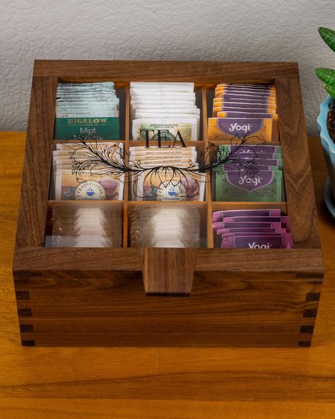 Introducing the Andra Tea Box. Handcrafted from Walnut and Mahogany and designed to store your favorite tea packets. Tea Box Photography, Tea Box Drawer, Wooden Tea Box Ideas, Box For Tea Bags, Wood Tea Box Target, Tea Box Design, Wood Tea Box, Wooden Tea Box, Wooden Box Designs