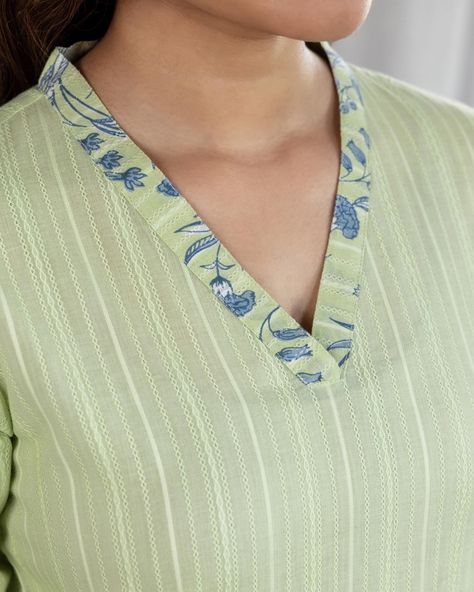 Summer Collection - New Arrivals! ‘Lime’ up for zesty summer picks! The light, lime colour of our ‘Carnation Whisper’ kurta is a fresh, citrusy shade that captures the eye. Textured stripes and printed trims liven up the otherwise tonal kurta Shop the ‘Chandani’ edit on www.cottonsjaipur.com Price : ₹ 1,650/- [ Cottons Jaipur, Cotton, Carnations, Floral, Handmade Kurtas, Everyday-wear, Summer staples ] #cottons #cottonsjaipur #newarrivals #floral #summer #summer2024 #handcraftedkurtas #c... Kurti Neck Designs Latest Fashion Collar, New Style Neck Design For Kurti, Cottons Jaipur, Kurta Ideas, Collar Kurta, Silk Kurti Designs, Simple Kurti, Churidar Neck Designs, Lace Suit