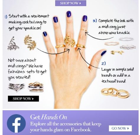 Charming Charlie's instructions on how to wear multiple rings on one hand. #Jewelry Wearing Multiple Rings On One Hand, How To Wear Multiple Rings, Multiple Rings On Hand, Wear Multiple Rings, Fashion Lessons, Jewellery Stacking, Pandora Stackable Rings, Jewelry Content, Mid Rings