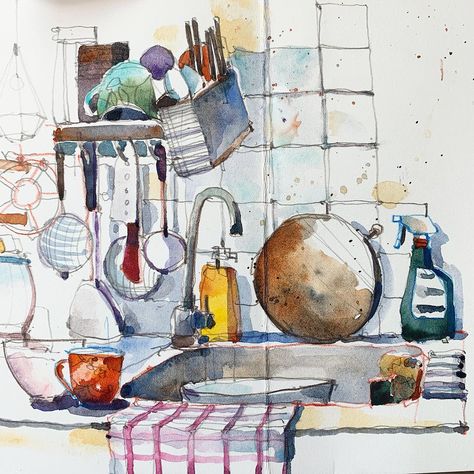 Sketching my kitchen sink when I was home alone on Sunday. A rather relaxing and meditative experience. The kitchen has lots of interesting… Cooking Watercolor Kitchen Art, Acuarela Ideas, Watercolor Kitchen, Daily Sketchbook, Kitchen Illustration, Class 2023, Alchemy Art, Identity Art, Sketchbook Inspiration