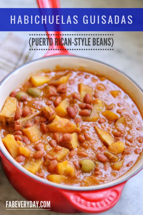 Habichuelas Guisadas, Puerto Rican-Style Beans Recipe | Fab Everyday Abichuela Guisada Puerto Rican, Spanish Beans And Potatoes, Puerto Rican Ham Recipes, Puerto Rican Rice And Gondolas, Puerto Rican Pinto Beans Recipe, Puerto Rican Garbanzo Bean Recipes, Alcaparrado Recipe, Puerto Rican Beans And Potatoes, Chuletas Guisadas Puerto Rico