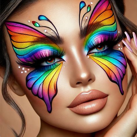 Butterfly Fantasy Makeup, Purple Creative Makeup, Rainbow Butterfly Makeup, Butterfly Makeup Easy, Face Paint Butterfly, Electric Makeup, Halloween Makeup Look, Make Carnaval, Butterfly Makeup