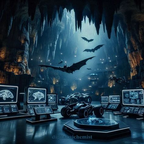 🦇 the bat cave depicts a dark and mysterious cave, in the center of which is a Batmobile, presumably belonging to Batman. The cave is filled with various technological devices and displays, giving the feeling of a secret lair or headquarters. The image is filled with various details that hint at a dark and brooding atmosphere, such as the cave walls covered in stalactites, the numerous screens filled with data, and the presence of bats flying throughout the scene. The overall mood of the ima... Batcave Aesthetic, Batcave Room, Batman Cave, Lucky Crystals, Secret Lair, Bats Flying, Bat Flying, Bat Cave, Dark And Mysterious