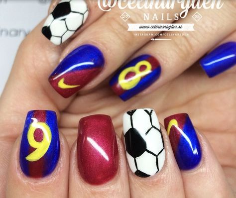 Barcelona Nails Design, Barca Nails, Soccer Nails Design, England Nails, Football Nails Design, Cool Easy Nail Designs, Barcelona Nails, Cool Easy Nails, Soccer Nails