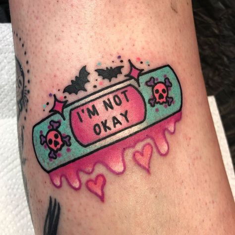 👽⚡️Unlucky Alien⚡️👽 on Instagram: “I’m not okay trust me! Thanks so much for getting a plaster tattoo! Nice seeing you again 🖤💖 @laurencote_ #mychemicalromance…” Plaster Tattoo, Amazon Tablet, Cute Halloween Tattoos, Emo Tattoos, Petit Tattoo, Goth Tattoo, Scar Tattoo, Wicked Tattoos, Omerta Tattoo