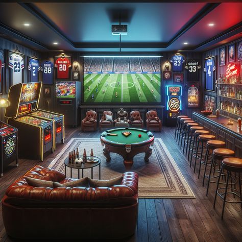 A perfect man cave with a sports bar feel. Features include a large screen projector, mini bar, pool table, vintage jukebox, and games area with a pinball machine, foosball table, and dartboard. 
#mancave #gamesroom #homebar #billiards #footballfan #hometheater Man Cave Shed With Pool Table, Man Cave W Pool Table, Cinema Room With Pool Table, Basement Arcade And Bar, Pool Table Arcade Room, Man Cave Projector Screen, Sports Room Man Cave, Gaming Lounge, Man Cave Design