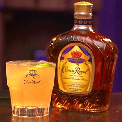 Crown Royal Press Drink Recipe | Mix That Drink Crown Royal Mixed Drinks Recipes, Crown Royal Recipes, Crown Drink, Superbowl Cocktails, Crown Royal Drinks, Meyer Lemon Recipes, Peach Drinks, Bourbon Drinks, Bourbon Cocktails