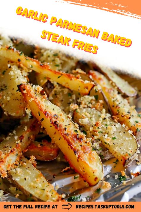 Discover the ultimate comfort food with our Garlic Parmesan Baked Steak Fries recipe. This irresistible side dish combines perfectly seasoned, golden-brown steak fries with the rich flavors of garlic and Parmesan cheese. Ideal for family meals, game day snacks, or as a delicious accompaniment to any burger, these baked fries are a healthier alternative to deep frying, without sacrificing any crunch or savoriness. Easy to make and even easier to enjoy, these steak fries will become a staple in your recipe repertoire. Follow our step-by Air Fry Steak Fries, Sides To Make With Steak, Baked Garlic Parmesan Fries, Steak Fries Oven, Sides With Steak, Seasoned Steak Fries, Garlic Fries Recipe, Baked Steak Fries, Steak Fries Recipe