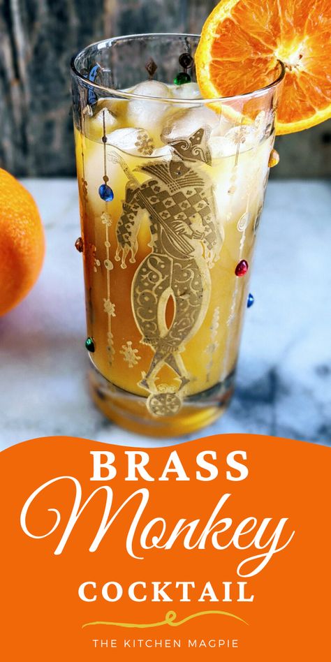 Brass Monkey Cocktail made with Dark Rum, Vodka and Orange Juice #rum #vodka #orangejuice #cocktail Brass Monkey Drink, Dark Rum Drinks, Monkey Cocktail, Spiced Rum Drinks, Rum And Orange Juice, Dark Rum Cocktails, Orange Juice And Vodka, Brass Monkey, Cocktail Serving