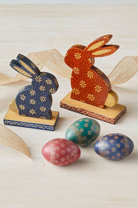 Floral ditzy batik rabbits in blue and orange with floral ditzy batik eggs in pink, green, and blue Wood Easter Eggs, Wood Bunnies, 2 Bunnies, Large Bunny, Small Bunny, Wooden Birds, Intangible Cultural Heritage, Carved Wooden Birds, Wine Bottle Topper