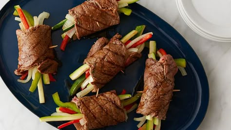 Tender steak rolls filled with zesty vegetables and drizzled with a glaze that is simply out-of-this-world delicious. Balsamic Glazed Steak Rolls, Northern Vermont, Steak Rolls, Pecan Wood, Maple Trees, Beef Dishes, Rolls Recipe, 21 Day Fix, Bell Pepper