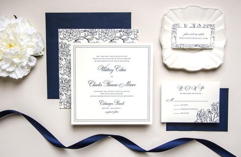 Posh Square Wedding Invitation Suite by KimberlyFitzSimons with Dom Loves Mary Calligraphy font by Debi Sementelli, Calligraphy font, Dom Lo... Square Invitation Design, Wedding Invatations, Classy Invitations, Square Invitation, Square Wedding Invitations, Wedding Invitation Fonts, Letterpress Wedding Invitation, Wedding Navy, Invitation Fonts