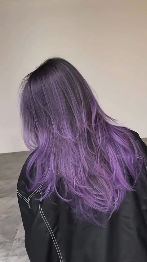 Lavender Streaks In Brown Hair, Purple Faded Hair, Black Hair With Purple Ends, Pastel Purple Highlights, Purple Wolf Cut, Ashy Purple Hair, Purple Balayage Hair, Flower Oc, Under Hair Color