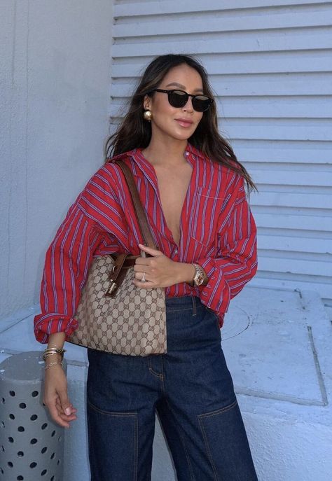 Easy outfit idea for spring! – Sincerely Jules Chic Red Blouse With Relaxed Fit, Red Shirt Outfits, Julie Sarinana, Red Striped Shirt, Aesthetic Street, Easy Outfit, Inspiration Aesthetic, Sincerely Jules, Street Style Summer