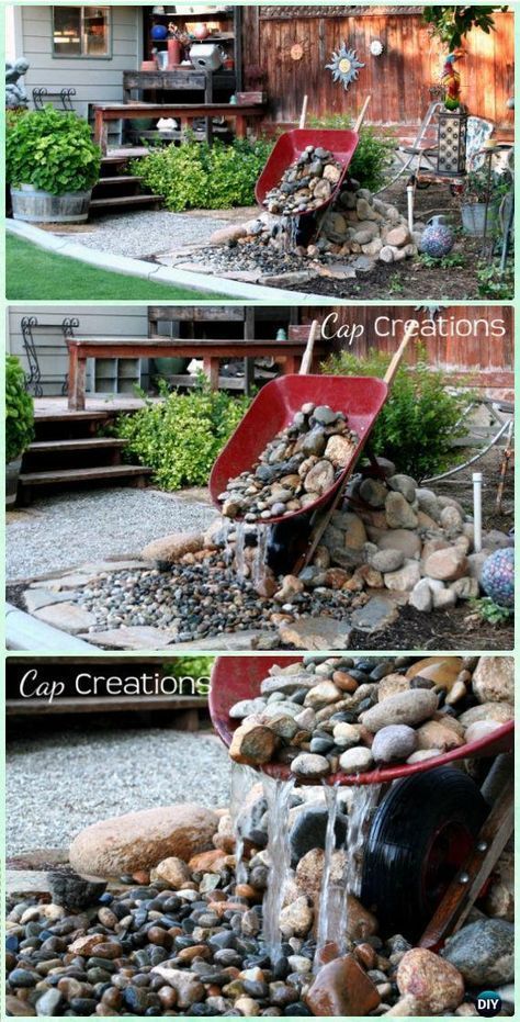 Diy Wheelbarrow, Water Fountain Design, Diy Water Feature, Fountain Garden, Wheelbarrow Garden, Diy Garden Fountains, Diy Fountain, Backyard Water Feature, Miniature Gardens