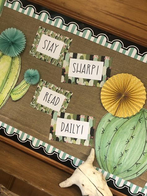 Cactus Themed Bulletin Boards, Western Reading Theme, Boho Western Classroom, Western Themed Bulletin Boards, Cactus Bulletin Board Ideas, Western Bulletin Board Ideas, Succulent Bulletin Board, Plant Bulletin Board, Western Bulletin Boards