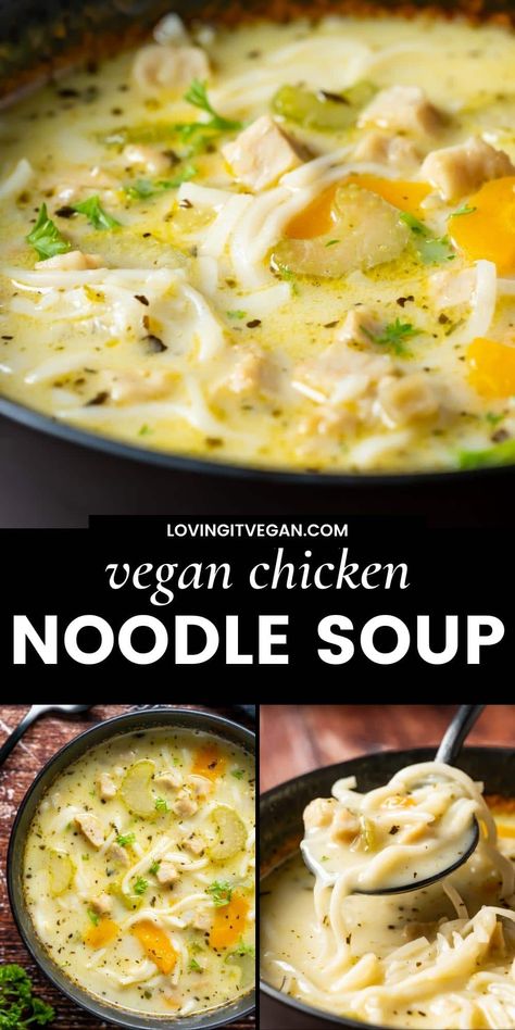 This vegan chicken noodle soup is the perfect comfort food! It's creamy, cozy and delicious and tastes just like the classic comfort soup you know and love. | lovingitvegan.com Vegan Sick Recipes, Vegan Creamy Chicken Noodle Soup, Vegan Chicken Noodle Soup Crockpot, Vegan Chicken Noodle Soup Easy, Tofu Chicken Noodle Soup, Vegan Sick Day Food, Chicken Noodle Soup Vegetarian, Vegetarian Chicken Soup, Meatless Chicken Noodle Soup