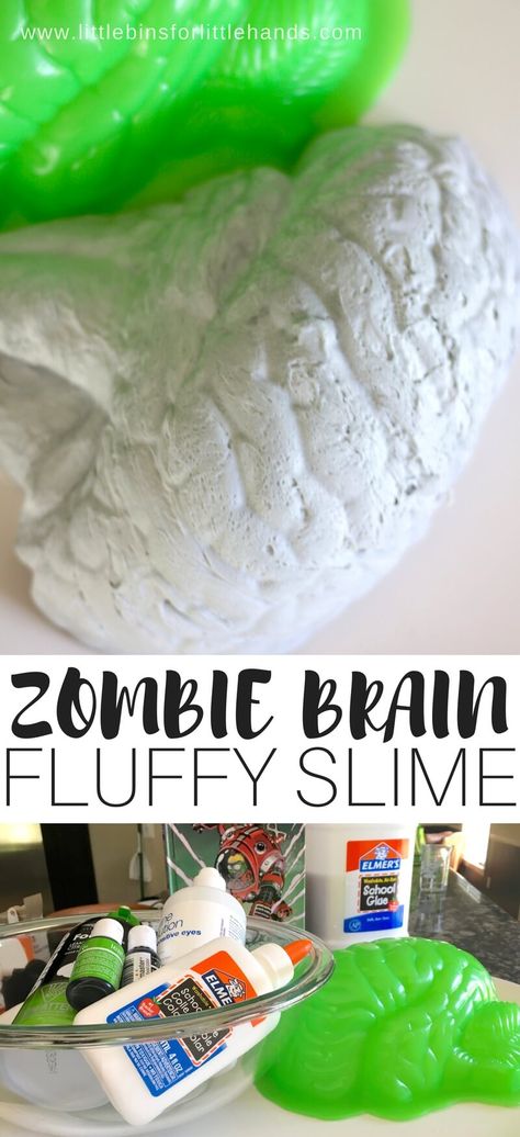 Learn how to make homemade zombie slime with our fluffy slime recipe! Fun Halloween slime recipe idea with zombie brains. Use our easy fluffy slime shaving cream recipe for making homemade slime perfect for kid science and sensory play. Slime Shaving Cream, Zombie Slime, Shaving Cream Recipe, Diy Putty, Halloween Slime Recipe, Zombie Crafts, Slime Recipe Kids, Homemade Shaving Cream, Zombie Brain