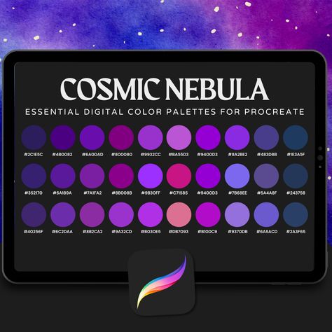 Embark on a journey through the cosmos with the Cosmic Nebula Color Palette for Procreate, a stunning collection of 30 celestial hues inspired by the breathtaking beauty of space. Perfectly crafted for tattoo artists, illustrators, and digital creators, this palette delivers a mesmerizing array of vibrant purples, deep blues, radiant pinks, and cosmic golds to bring your interstellar visions to life. From the glow of distant galaxies to the swirling energy of nebulae, this palette captures the wonder and vastness of the universe. Whether you're designing space-themed tattoos, painting ethereal fantasy worlds, or creating galactic illustrations, this palette will fuel your imagination and expand your creative horizons. Why You’ll Love It: 🌌 Galactic Inspiration: Features rich tones of deep Cosmic Color Palette, Futuristic Color Palette, Digital Color Palette, Color Palette For Procreate, Beauty Of Space, Traditional Illustration, Galaxy Colors, Galaxy Theme, Brand Mood Board