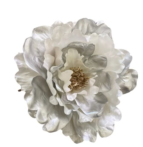 This is a huge 6 inch flower. White and silver petals make this flower a unique show stopper. This flower hair accessory has a hair clip on the back. White Peony, White Flowers Aesthetic, White Icons, Cute White Flower Hair Accessories, Vintage White Flower Pins, Adjustable White Flower Hair Accessories, White Flower Hair Clip, Vintage White Flower Brooch, Aesthetic Objects