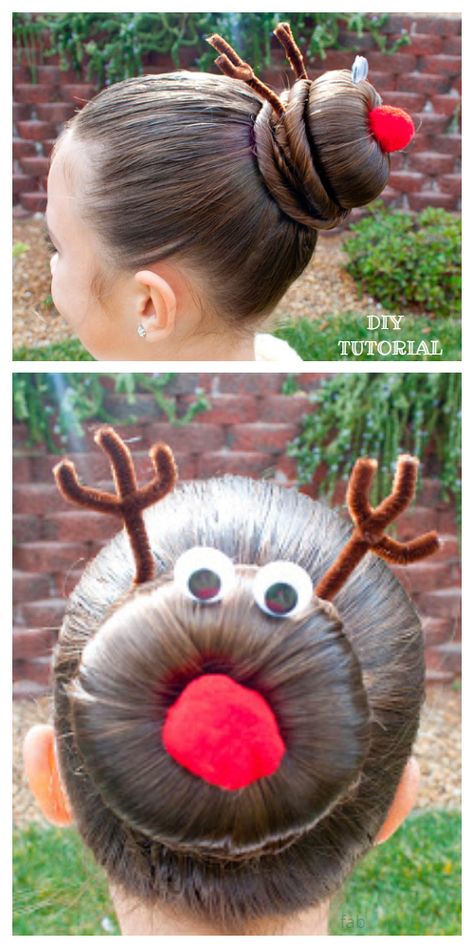 Christmas Girls Reindeer Hairstyle Hair Bun Updo DIY Tutorial Reindeer Hair, Sweater Party Ideas, Ugly Christmas Sweater Ideas, Ugly Sweater Ideas, Christmas Sweater Ideas, Tacky Christmas, Wacky Hair Days, Wacky Hair, Christmas Sweater Party