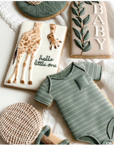 Safari Baby Cookies, Giraffe Baby Shower Theme, Baby Biscuits, Giraffe Cookies, Safari Baby Shower Boy, Baby Boy Cookies, Safari Cookies, Onesie Cookies, Gingerbread Baby