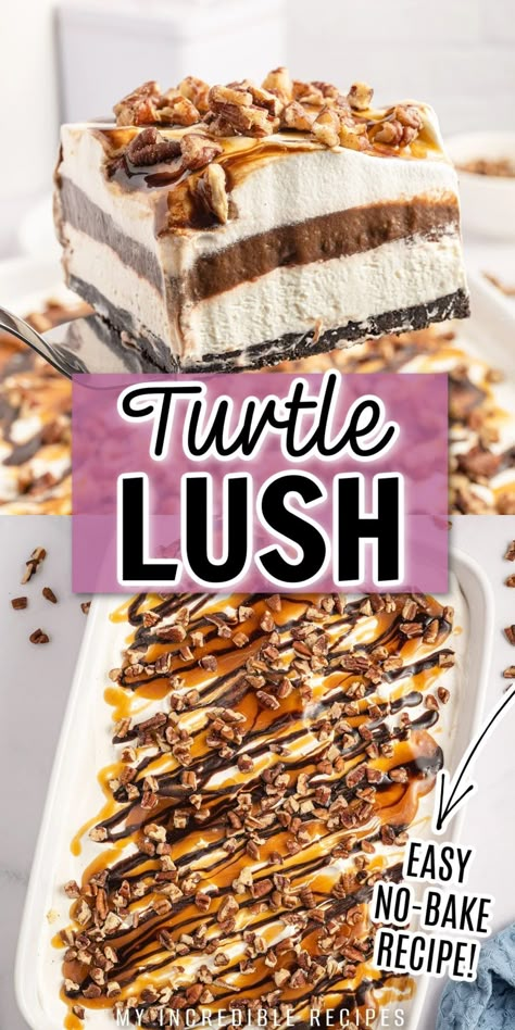 Turtle lush is the perfect no bake dessert for any occasion, from a casual family dessert to a party. Its so easy to make and is always a crowd-pleaser, with a perfect balance of chocolate caramel flavors. This turtle lush is made with creamy layers of filling and is topped with chocolate syrup, caramel syrup, and pecans. So next time you’re looking for a delicious and indulgent dessert recipe, give this turtle lush a try – you won’t be disappointed! Try it! Turtle Lush, Turtle Dessert, Oreo Cookie Flavors, Lush Dessert, Lush Recipes, Chocolate Lasagna, Family Desserts, Chocolate Turtles, Dessert Bar Recipe