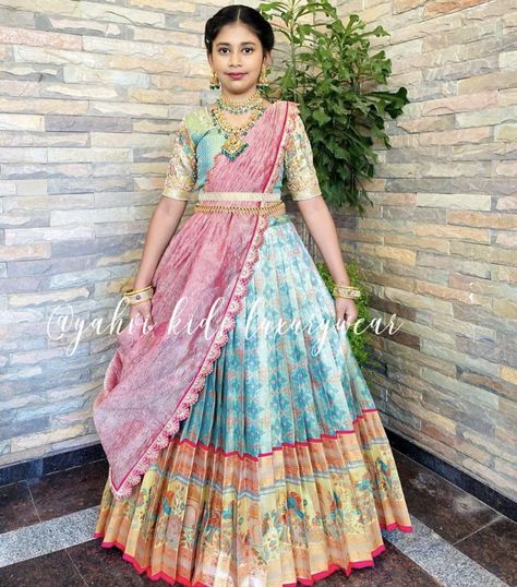 Saree Function For Kids, Kids Half Saree Designs, Half Saree Function Kids, Ladies Frock Design, Saree Function, Half Saree Function, Langa Voni, Long Blouse Designs, Lehenga Saree Design