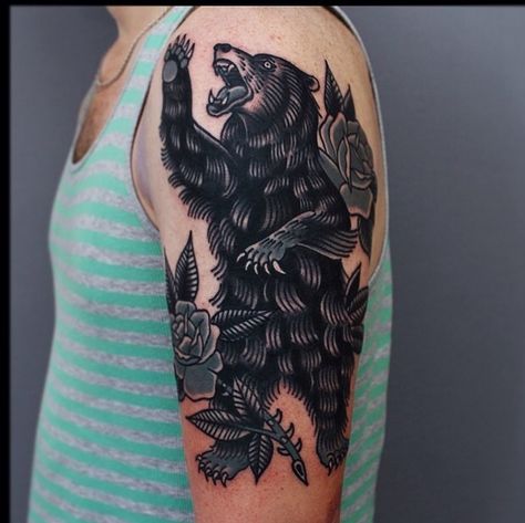 Bear tattoo American Traditional Bear Tattoo, American Traditional Bear, Traditional Bear Tattoo, Bear Tattoo Meaning, Black Bear Tattoo, Grizzly Bear Tattoos, Americana Tattoo, Bear Tattoo Designs, Traditional Sleeve