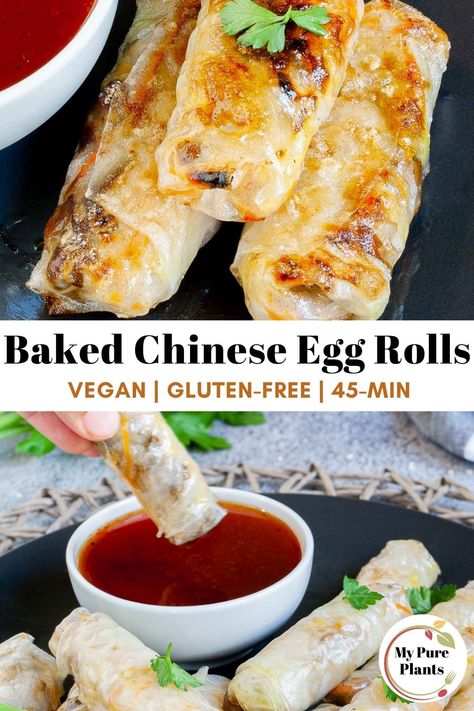 These vegan egg rolls have a delicious filling of carrots, cabbage, scallion, and mushrooms wrapped in crunchy rice paper wrappers. You can prepare the filling in 10 minutes and bake the whole batch in one in 20 minutes. Or deep-fry or air-fry them for a couple of minutes. Baked Rice Paper Spring Rolls, Brown Rice Paper Spring Rolls, Egg Roll Rice Paper, Crunchy Rice Paper Rolls, Vegan Spring Rolls Rice Paper, Gluten Free Spring Roll Wrappers, Baked Rice Paper Rolls, Spring Roll Filling Ideas Vegetarian, Egg Rolls With Rice Paper