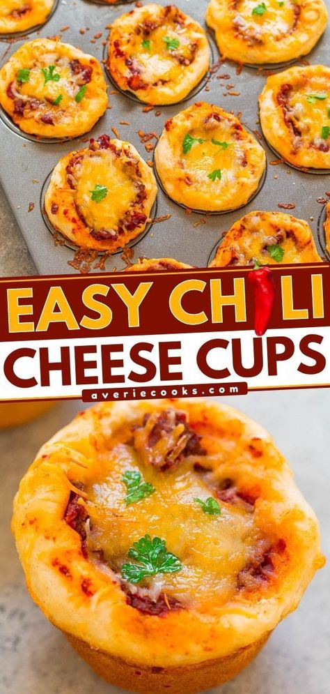 Chili Cheese Cups, game day, tailgate food, homegating recipes, crowd pleasing appetizer recipes, football Cheese Cups, Averie Cooks, Tin Recipes, Watching Football, Crowd Pleasing Appetizers, Easy Chili, Best Appetizer, Best Appetizer Recipes, Game Day Recipes