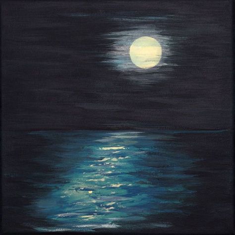 Nocturnal Paintings, Sea Painting Acrylic, Watercolour Moon, Drawing Ocean, Sky Drawing, Calm Night, Drawing Beach, Ocean Surface, Ocean Landscape Painting